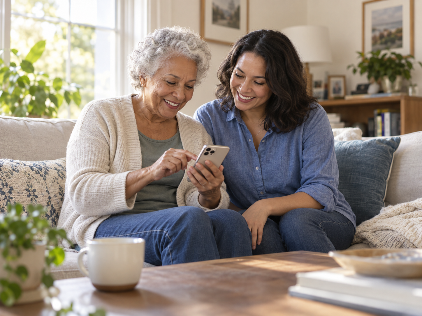 An older adult and companion reviewing a booking confirmation on a phone