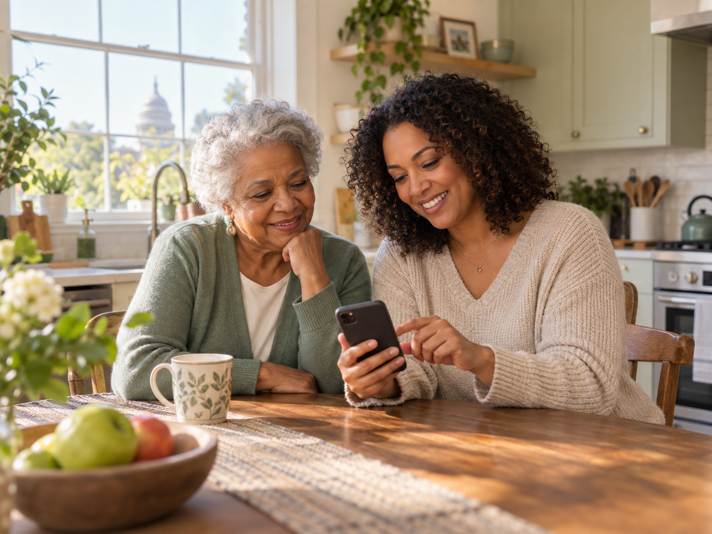 An older adult and family member reviewing support options together